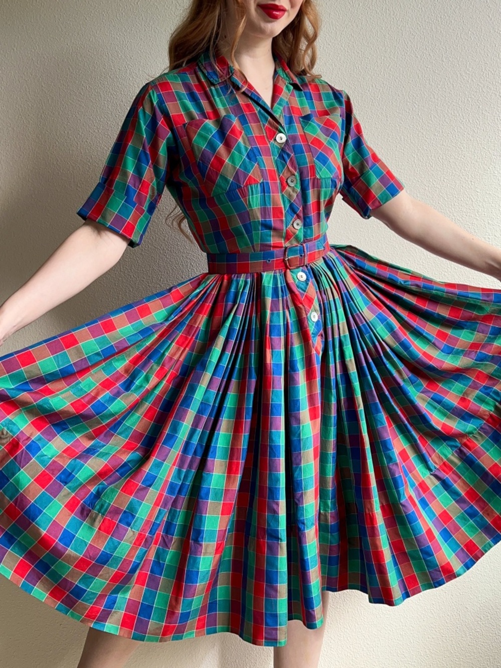 Gorgeous Vintage 1950s Red, Green, and Blue Plaid Silk Dress (S)